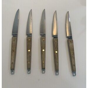 Vintage MCM SET OF 5 Ekco Flint Classic Steak Knives Wood Handle Made in USA
